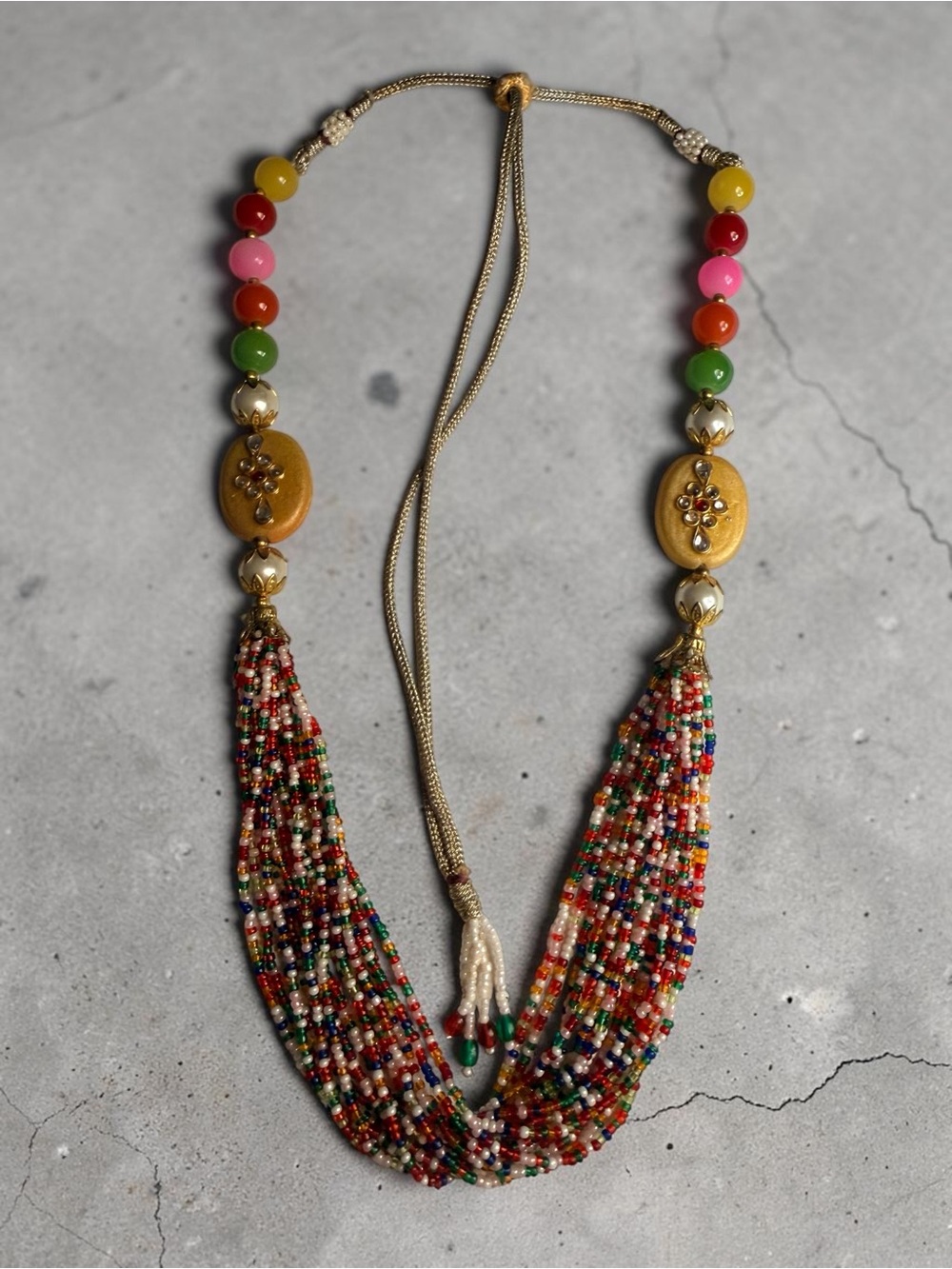 Bohemian Multicolor Beaded Tassel Necklace - Gold Accent